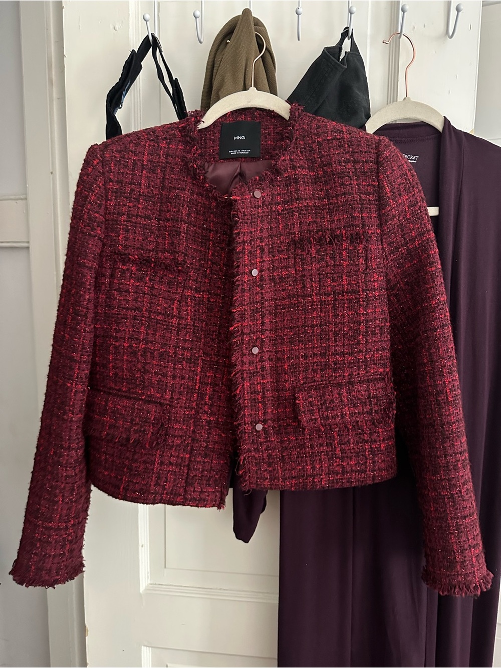 Mango Women's Burgundy Red Tweed Cropped Jacket